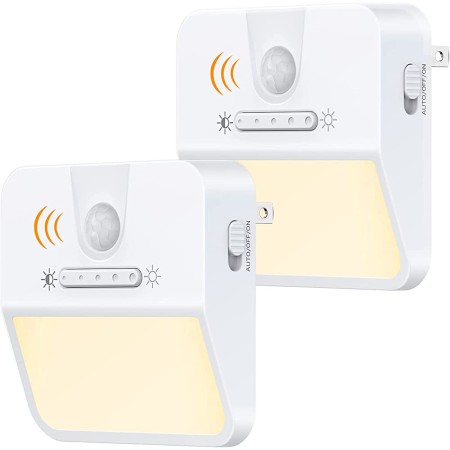 Domxty LED Night Light, [3 Lighting Modes] Plug in Dimmable Motion Sensor Night Light, Energy Saving Warm Yellow Nightlight for Bathroom, Bedroom, Hallway, Kitchen, Stairs [2 Pack] (Warm Yellow)